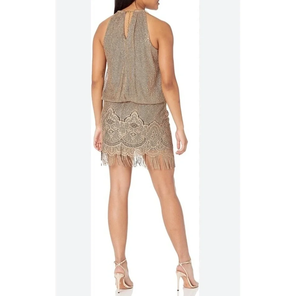 S.L. FASHIONS Women's Blouson  Halter Crochet Dress Flapper Fringe Sz 6 Gold NEW